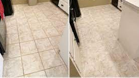 Before and after photos of a white tile floor: Before the floor has dark, stained grout, after clean and shiny grout