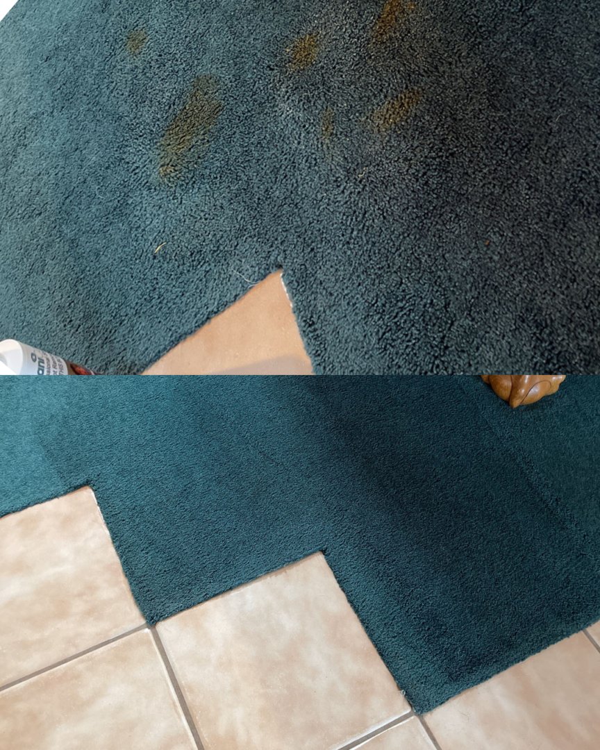 Before and after: stained, filthy teal carpet before is bright and clean after